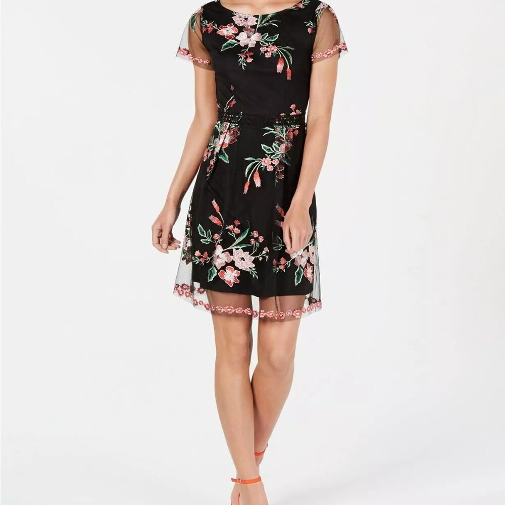 Adrianna Papell Floral Embroidered Tulle Overlay Dress, Black, Size 12